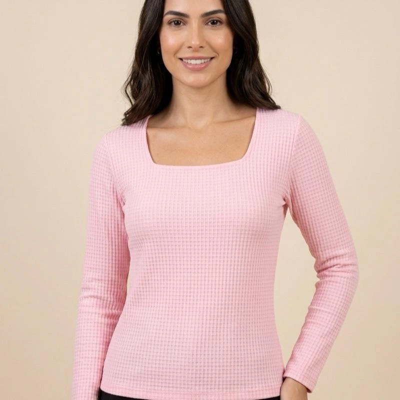 Blusa Feminina Canelada Manga Longa Gola Quadrada — imagem 2