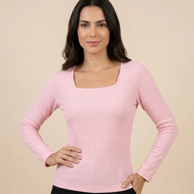 Blusa Feminina Canelada Manga Longa Gola Quadrada