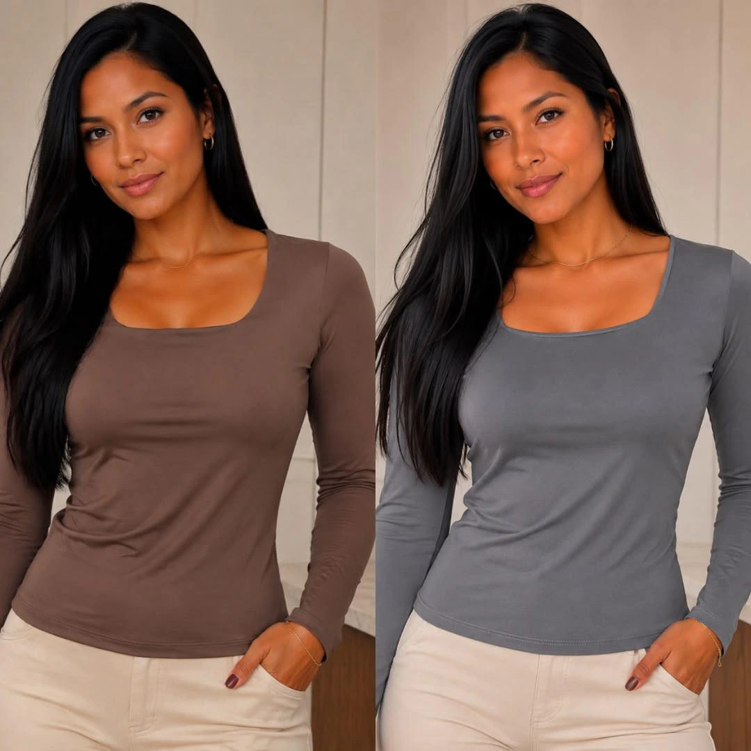 Kit 2 Blusa Feminina Manga Longa Suplex Decote Quadrado Tee Academia Proteção UV — imagem 4